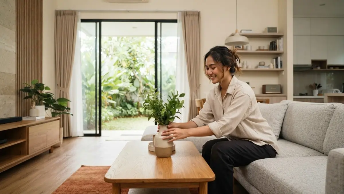 Rumah neo minimalis memadukan warna netral, kayu, tekstur, pencahayaan, dan furnitur fungsional secara harmonis. (BTV/AI)