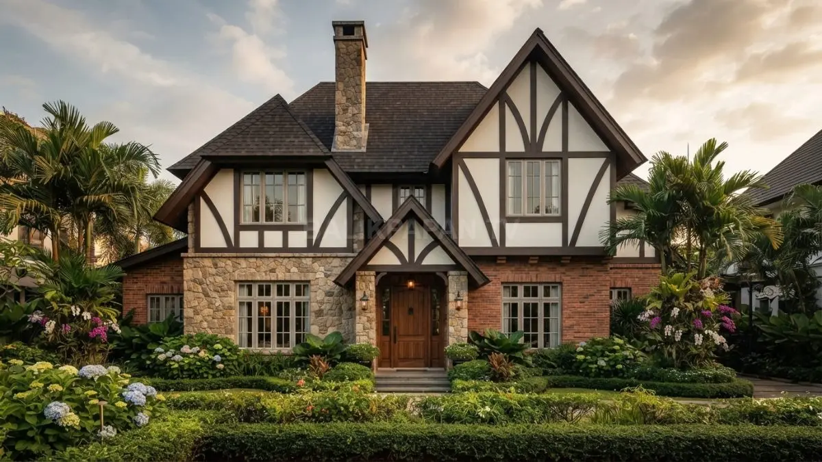 Rumah Tudor modern memadukan atap curam, dinding krem, batu alam, serta aksen kayu pada fasad elegan. (BTV/AI)