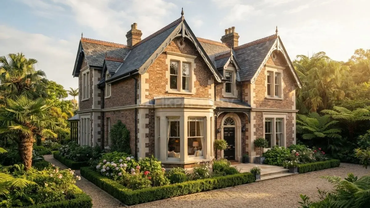Rumah Victorian country house menampilkan bay window, bata merah, batu terang, dan atap miring berkarakter klasik elegan. (BTV/AI)