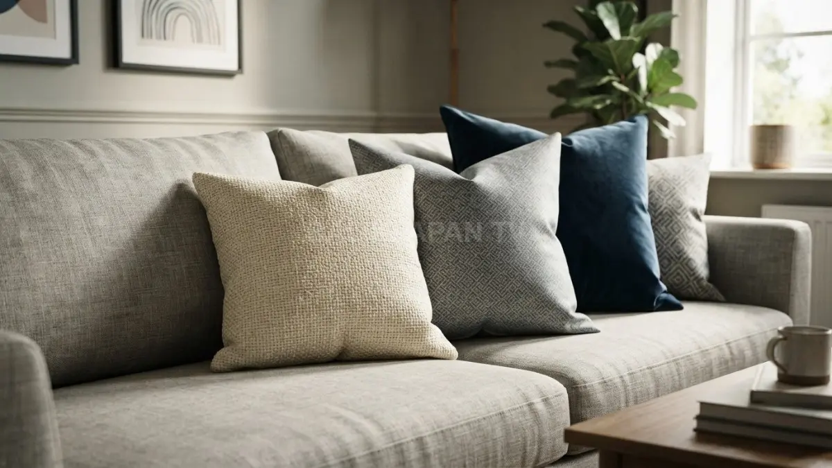 Sarung 40 dan 45 cm berpadu dengan isi bantal penuh, menciptakan sofa berlapis dan seimbang. (BTV/AI)