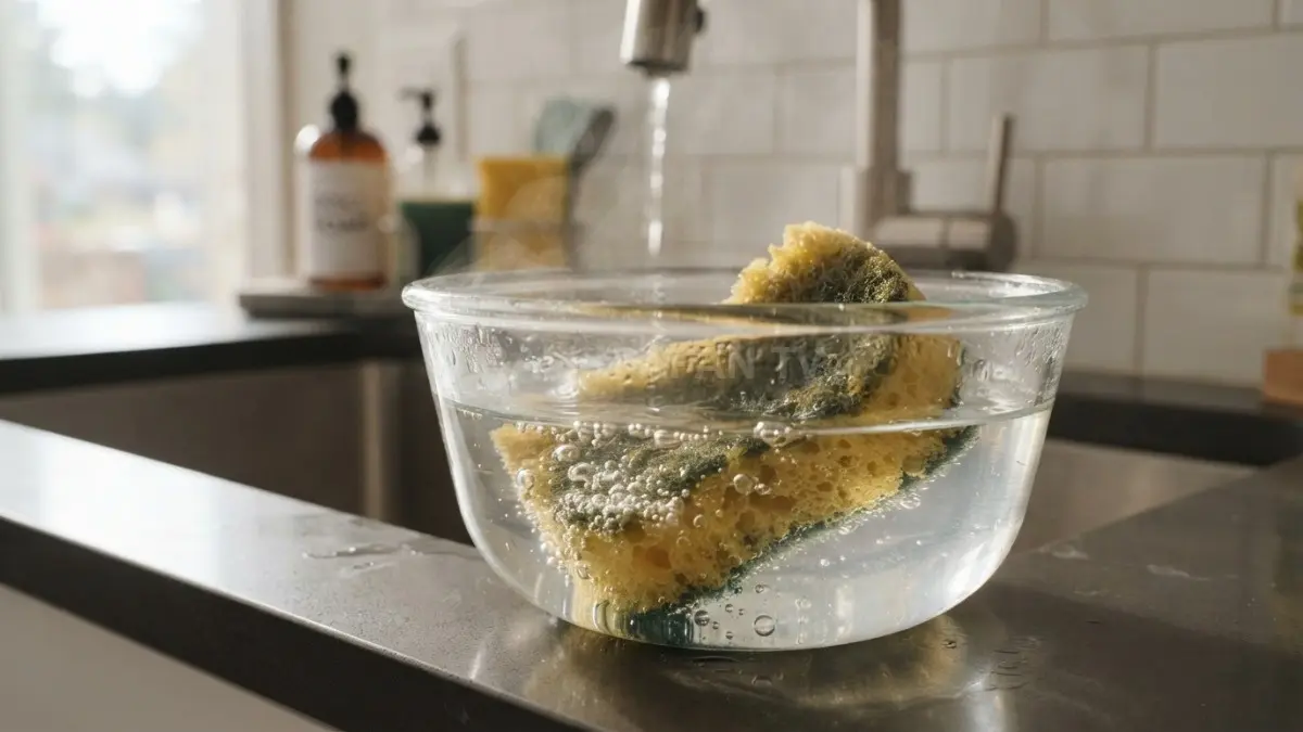 Spons cuci piring direndam air hangat sebagai ilustrasi upaya menjaga kebersihan dapur dari mikroorganisme. (BTV/AI)