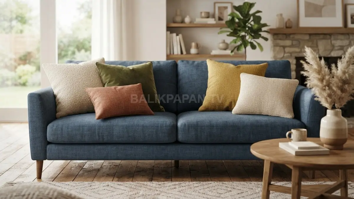 Susunan bantal 45 dan 40 cm secara asimetris menciptakan sofa yang seimbang, santai, dan nyaman dipandang. (BTV/AI)
