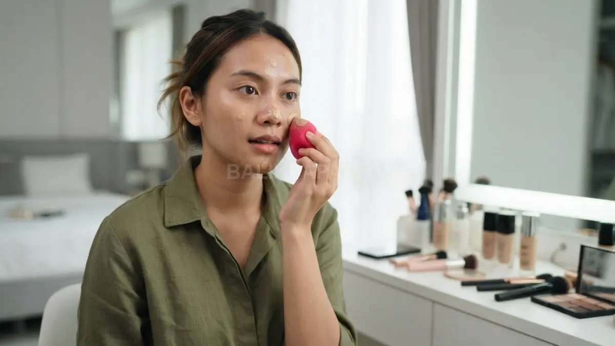 Teknik menepuk Beauty Blender membantu foundation menyatu merata, tahan lama, dan menghindari hasil makeup terlihat patchy. (BTV/AI)
