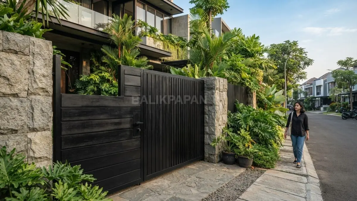 Ulin berpadu batu alam menghadirkan pagar tropis modern yang hangat, kokoh, dan natural. (BTV?AI)