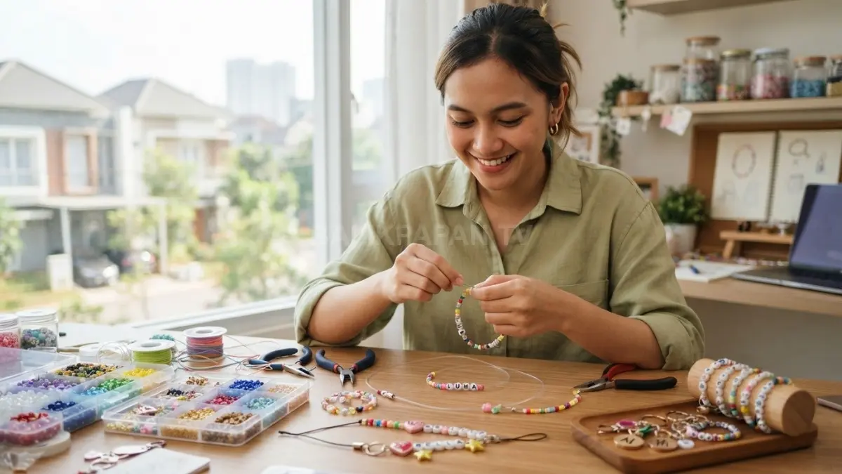 Aksesori handmade personal dengan pilihan warna, manik, dan inisial nama menarik untuk pesanan unik pembeli (BTV/AI).
