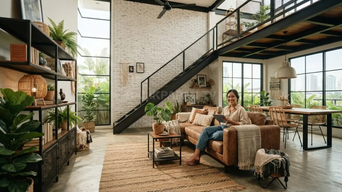 Bata putih, besi hitam, kayu, dan tanaman hijau berpadu menciptakan interior boho industrial yang hangat. (BTV/AI)