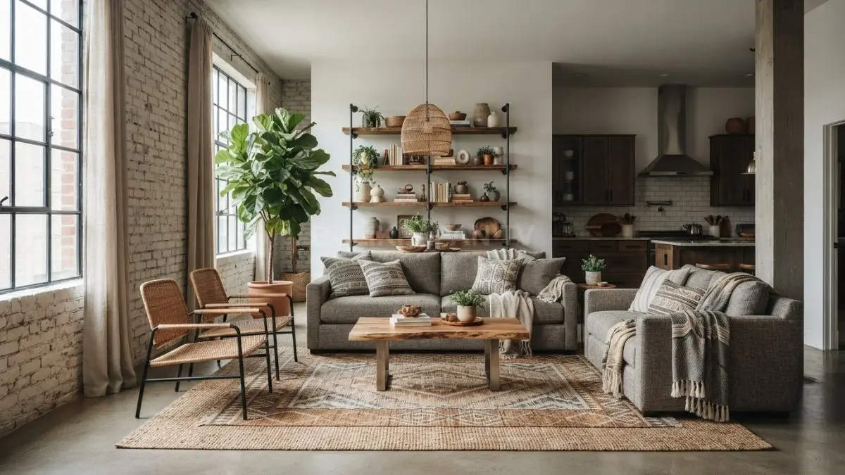 Bata putih, kayu, besi hitam, rotan, karpet etnik, dan tanaman menciptakan interior boho industrial hangat serta nyaman. (BTV/AI)