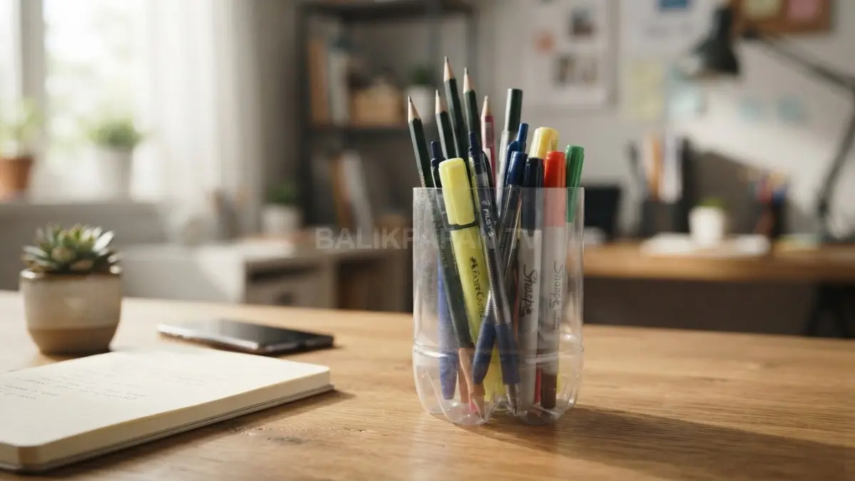 Botol plastik bekas setinggi 15 cm dimanfaatkan sebagai wadah pensil dan pulpen agar meja tetap rapi. (BTV/AI)