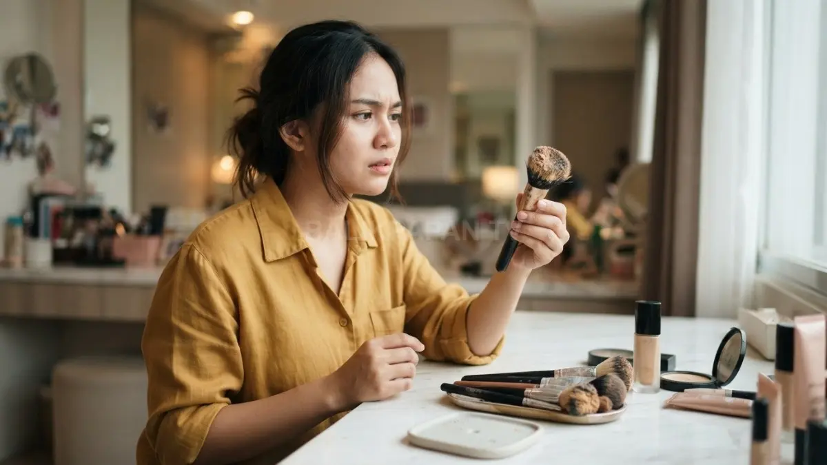 Brush makeup cepat kotor karena membawa sisa kosmetik, minyak, sel kulit, debu, dan bakteri. (BTV/AI)
