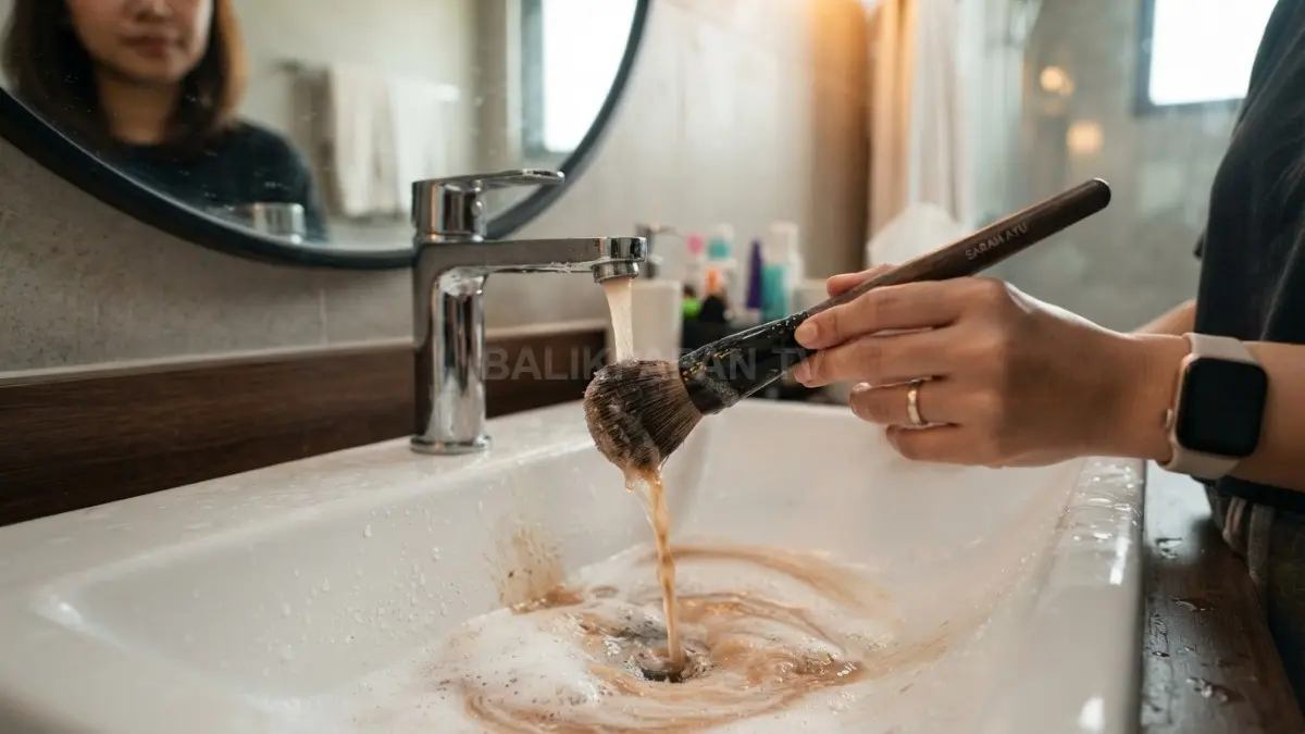 Brush makeup sedang dibersihkan dengan air hangat untuk mengangkat sisa kosmetik, minyak, debu, dan kotoran membandel (BTV/AI)
