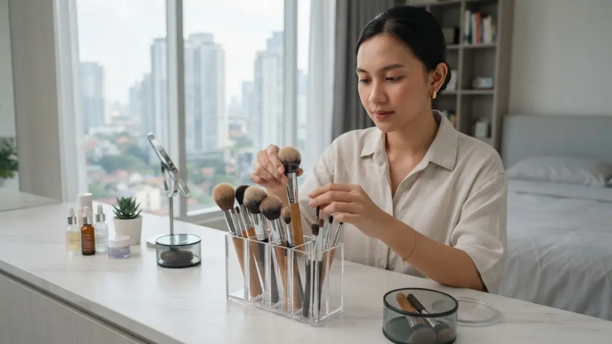 Cara menyimpan brush setelah kering penting agar bulu terjaga bersih dan tidak mudah rusak (BTV/AI)
