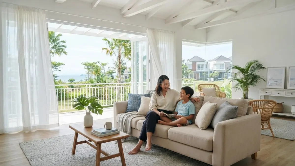 Coastal traditional interior memadukan warna terang, kayu natural, kain lembut, dan aksen biru menciptakan suasana rileks (BTV/AI)