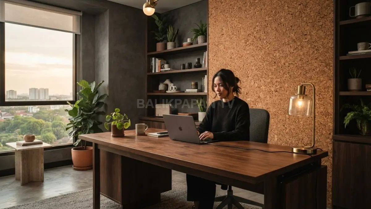 Cork natural berpadu kayu walnut dan pencahayaan hangat menciptakan dinding bertekstur elegan. (BTV/AI)