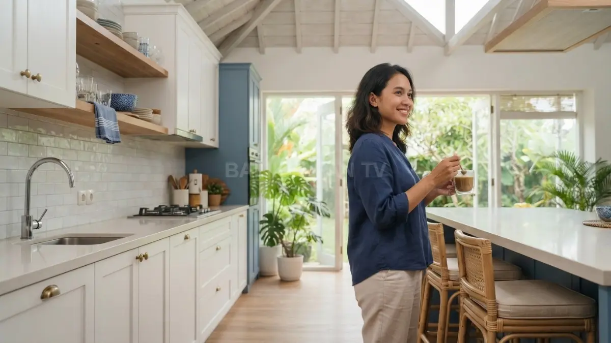 Dapur coastal tradisional dengan kabinet putih, aksen kayu, dan biru menciptakan suasana terang, lapang, serta santai (BTV/AI):