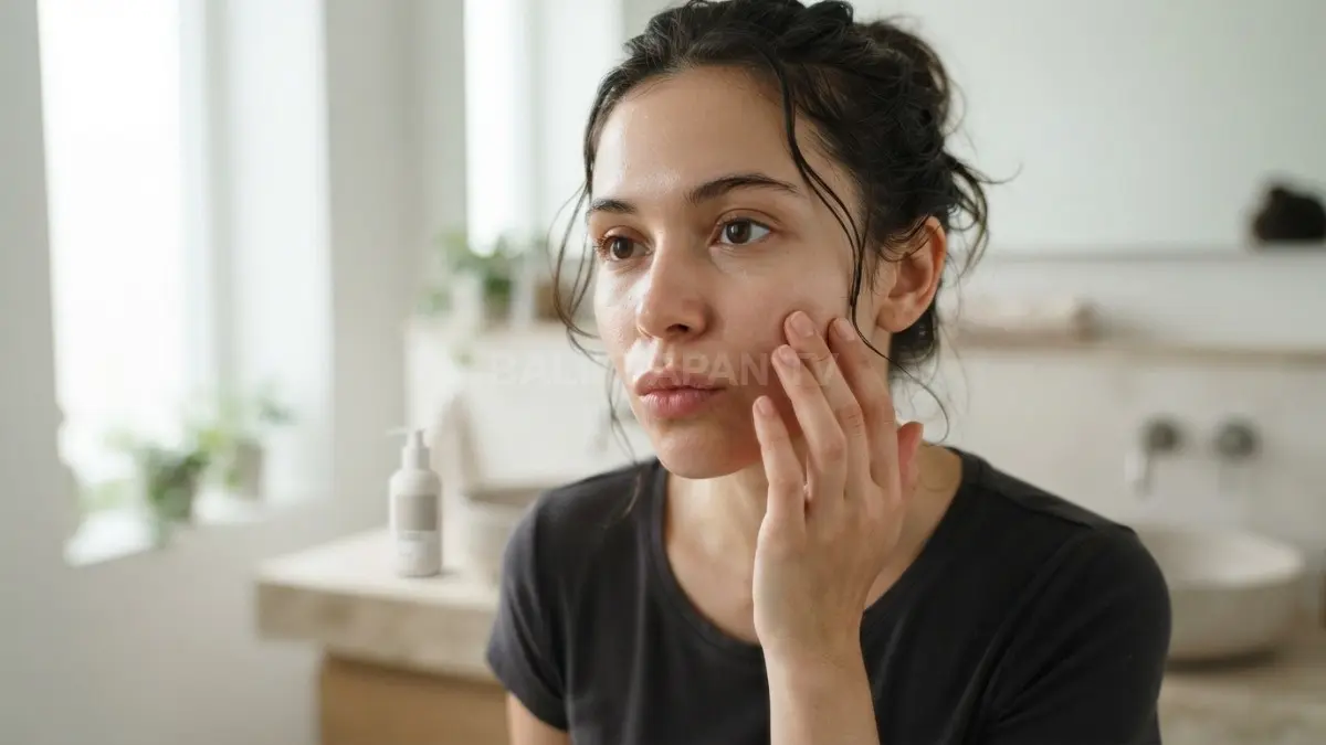 Ekspresi khawatir saat menyentuh kulit wajah yang terasa agak kering dan tertarik usai mencuci muka. (BTV/Ai)