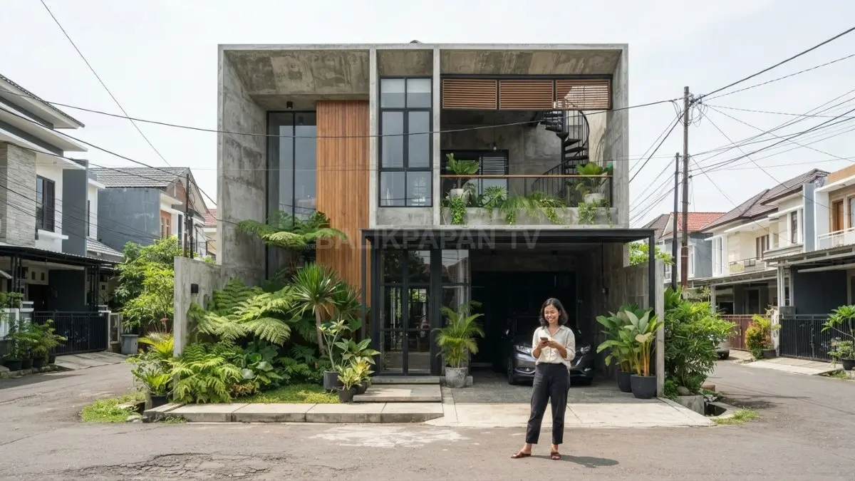 Fasad beton ekspos berpadu aksen kayu menciptakan rumah industrial-tropis modern yang hangat dan fungsional. (BTV/AI)