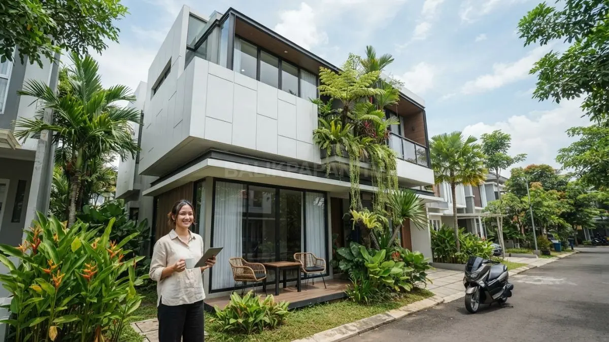 Fasad putih geometris rumah modular futuristik tropis bertingkat menghadirkan tampilan modern, lapang, dan efisien di lahan terbatas. (BTV/AI)