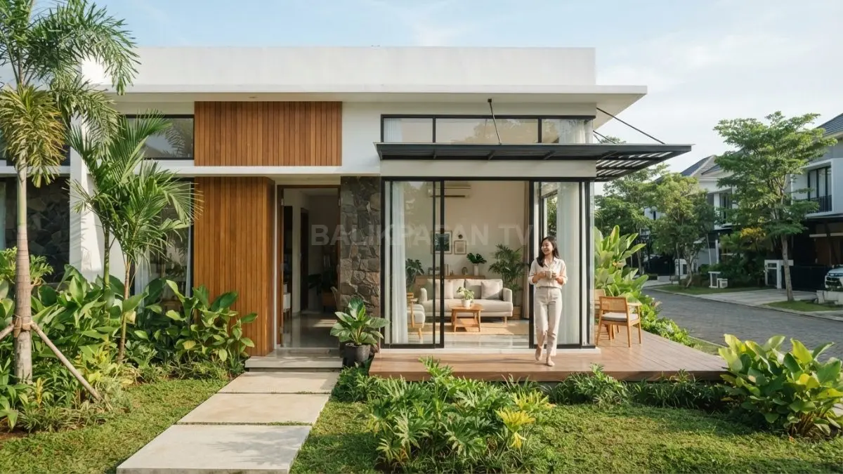 Fasad rumah minimalis tropis modern memadukan warna putih, aksen kayu, batu alam, dan tanaman hijau (BTV/AI)