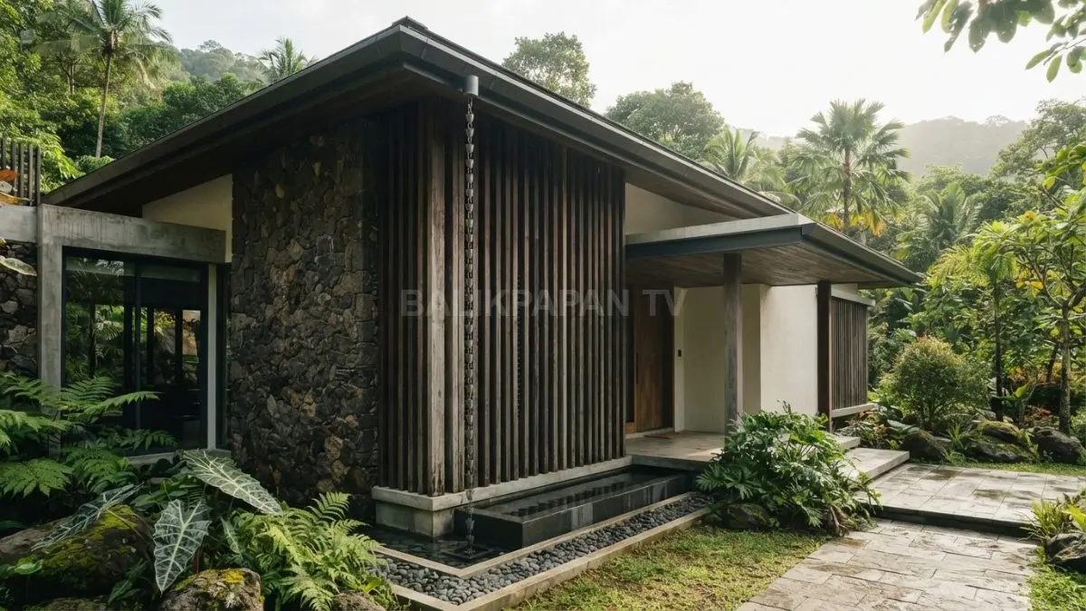 Fasad rumah tropis membutuhkan material tepat agar tahan panas, hujan, lembap, dan tetap menarik alami. (BTV/AI)
