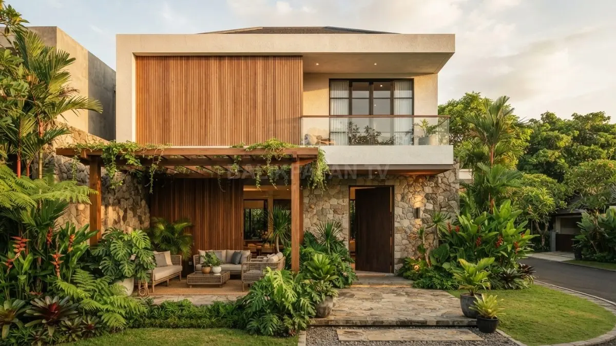 Fasad rumah tropis modern memadukan batu alam, kayu, cat tekstur, teras teduh, dan tanaman hijau yang menyegarkan. (BTV/AI)
