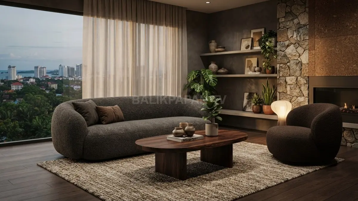 Furnitur minimalis berbentuk lembut berpadu sofa abu-abu, meja kayu oval, karpet tekstur, dan tirai linen hangat (BTV/AI)