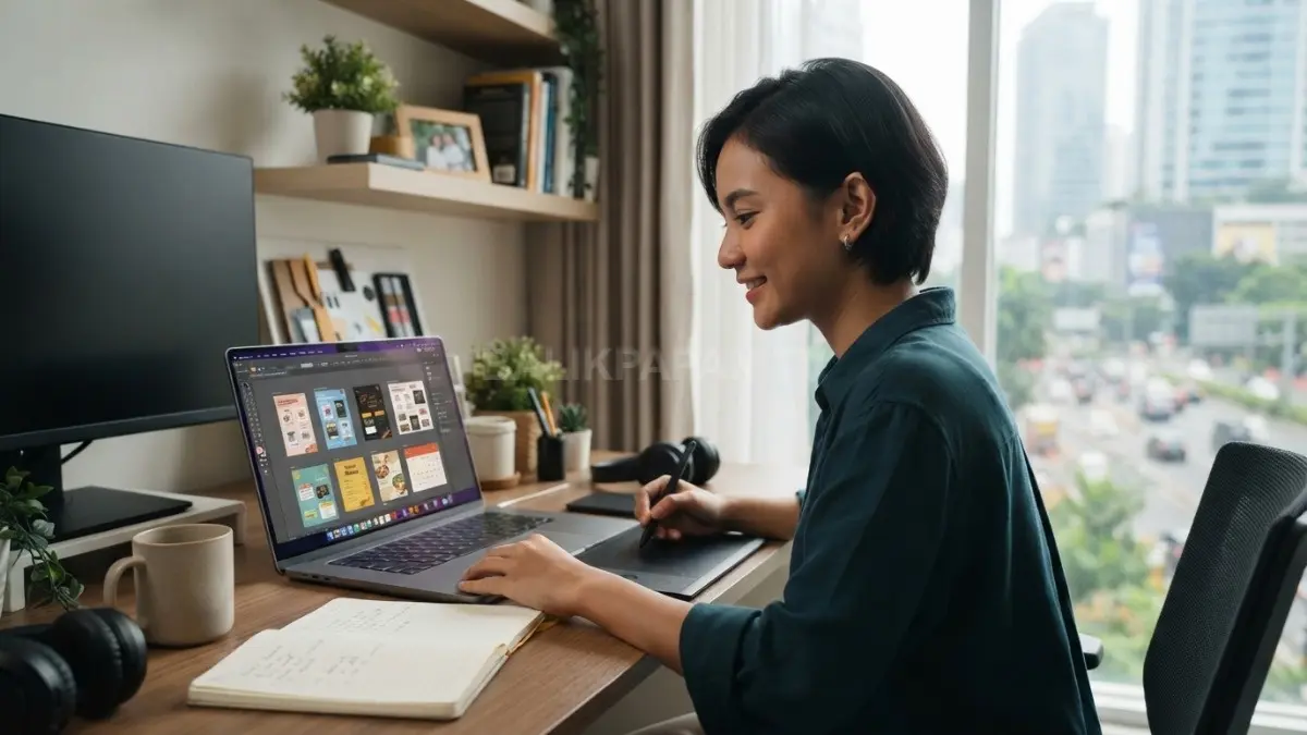Hobi desain digital bisa jadi peluang usaha rumahan tanpa stok, cukup kreativitas, perangkat, dan strategi pemasaran tepat (BTV/AI)
