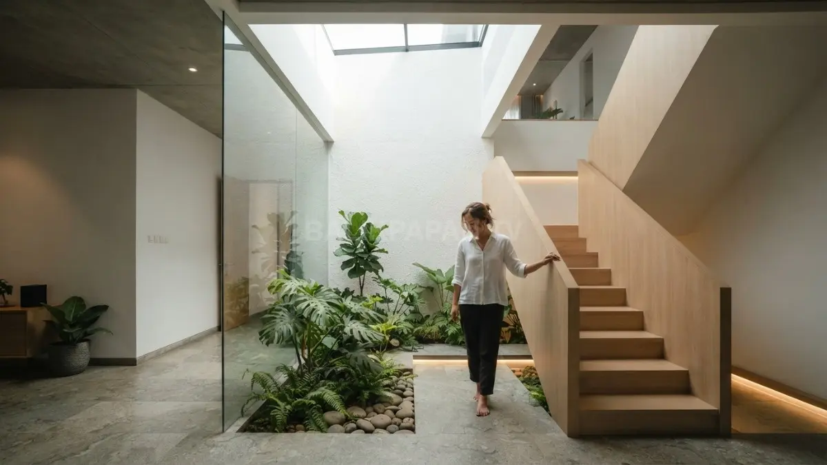 Inner garden menghadirkan cahaya alami, udara segar, dan nuansa hijau pada rumah futuristik tropis (BTV/AI)