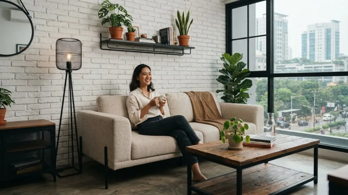 Interior boho industrial dengan bata putih, besi hitam, kayu, sofa krem, dan tanaman hijau terasa hangat. (BTV/AI)