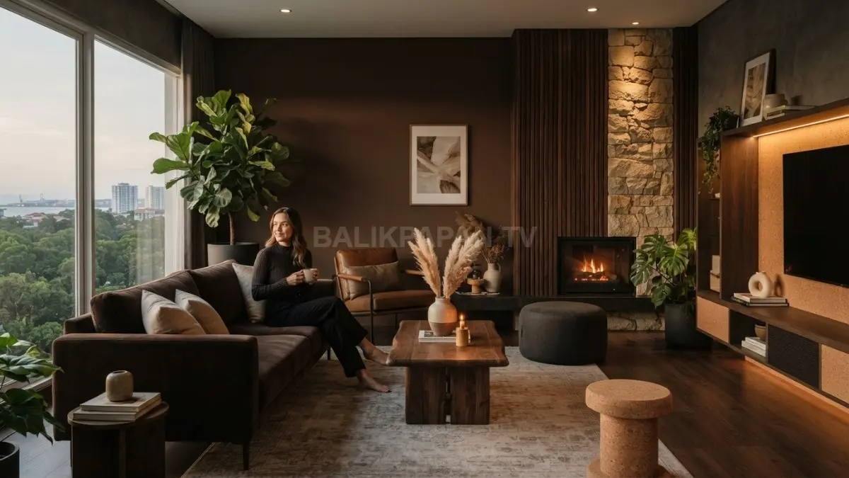 Interior moody organic modern dengan cokelat tua, kayu, batu, tanaman, dan pencahayaan hangat menghadirkan suasana elegan. (BTV/AI)