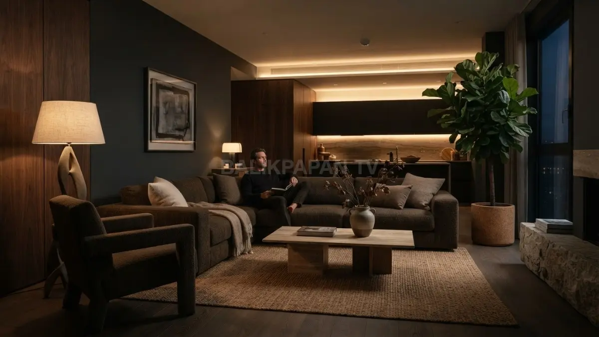 Interior moody organic modern dengan lampu warm menciptakan suasana elegan, hangat, dan bertekstur alami (BTV/AI)