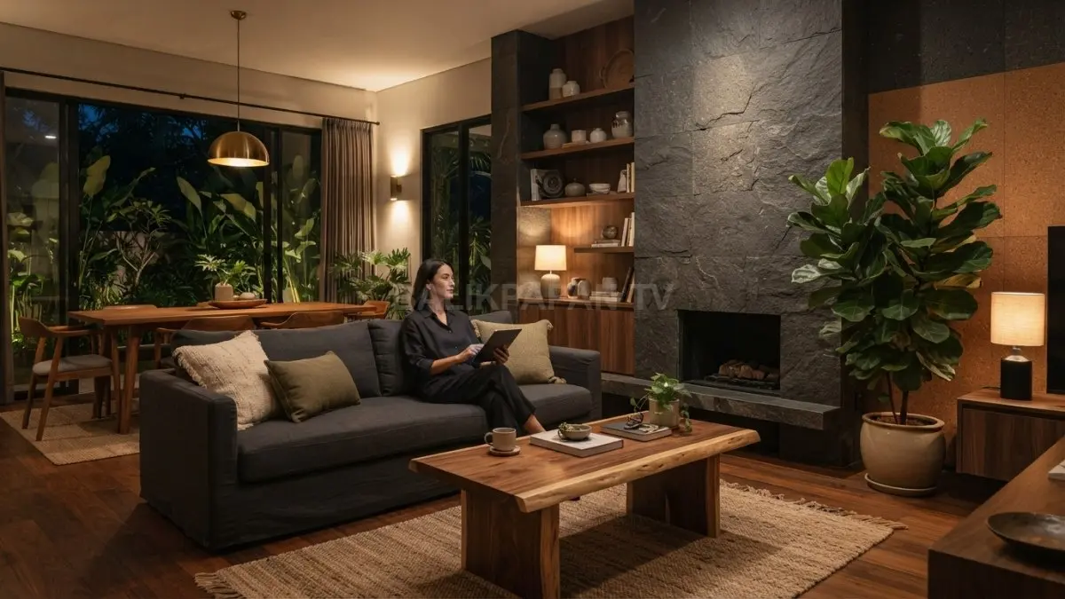 Interior moody organic modern menghadirkan kayu, batu, warna gelap, tanaman, dan pencahayaan hangat yang elegan. (BTV/AI)