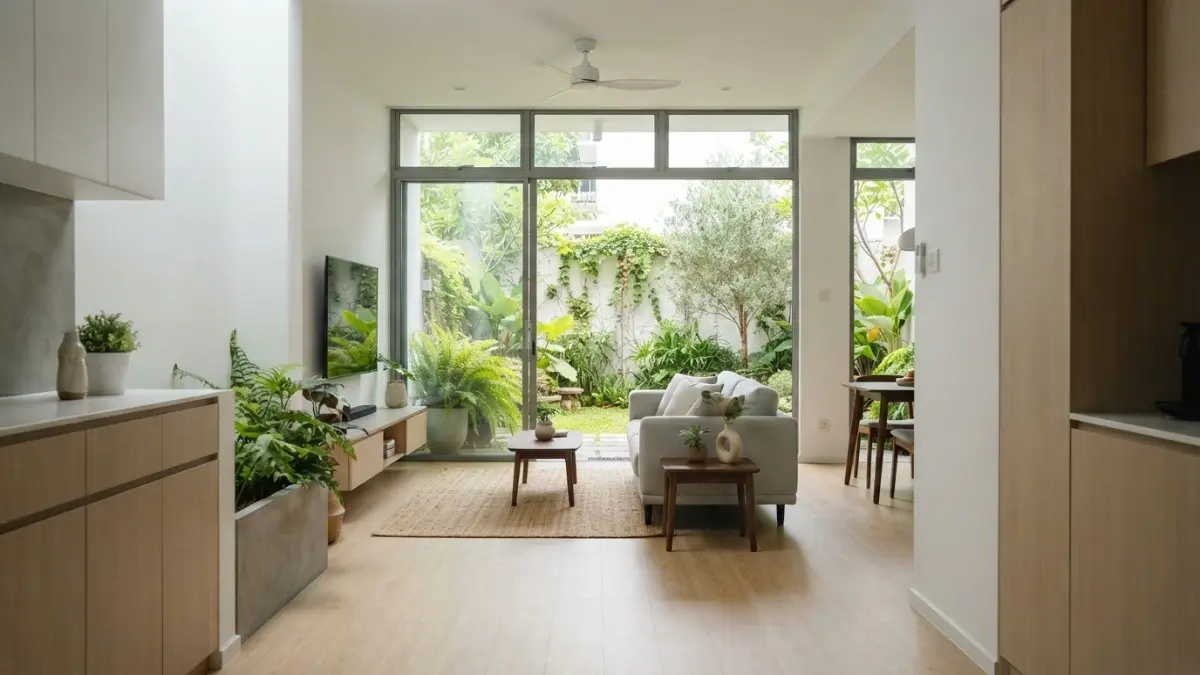 jalur pandangan yang terhubung dari ruang depan hingga taman belakang membuat rumah kompak terasa lebih luas dan lega. (BTV/AI)