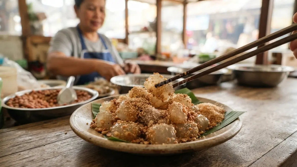 Kaloci Pontianak tampil kenyal dengan baluran kacang tanah dan gula, menghadirkan rasa manis gurih khas tradisional. (BTV/AI)