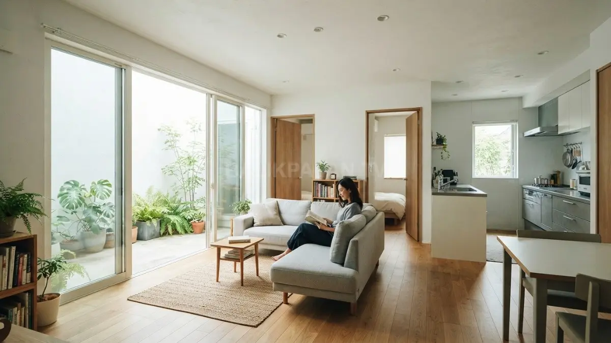 Kamar menghadap ruang komunal mengurangi kebutuhan koridor, sehingga lahan 6×12 meter terasa lebih lega. (BTV/AI)