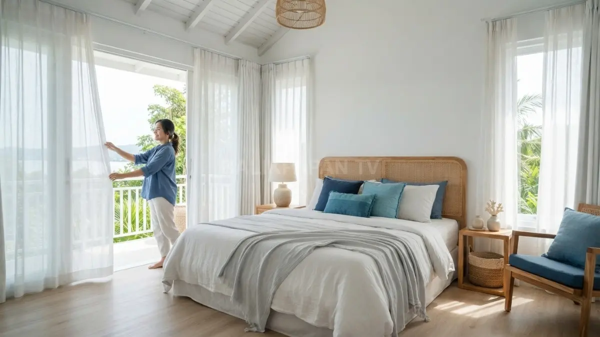 Kamar tidur coastal dengan tekstil berlapis, aksen biru, kayu natural, dan tirai linen menciptakan suasana nyaman serta terang. (BTV/AI)