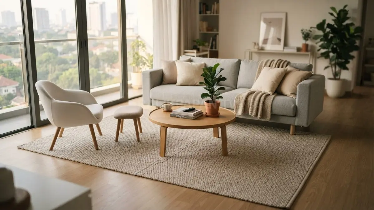 Karpet tepat membantu menyatukan sofa dan meja, membuat ruang tamu minimalis terasa lebih rapi, hangat, estetik (BTV/AI)