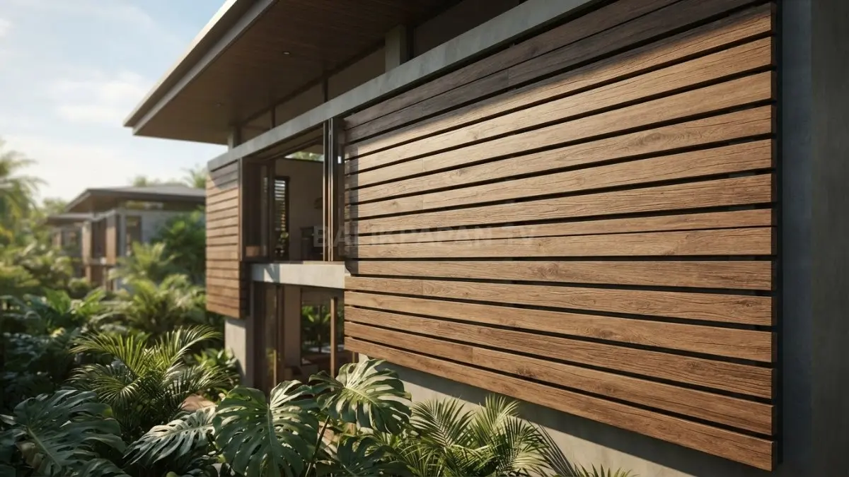 Kayu lokal 2–3 cm mempercantik dinding, menciptakan bayangan, celah udara, serta mendukung ventilasi ruang tropis. (BTV/AI)