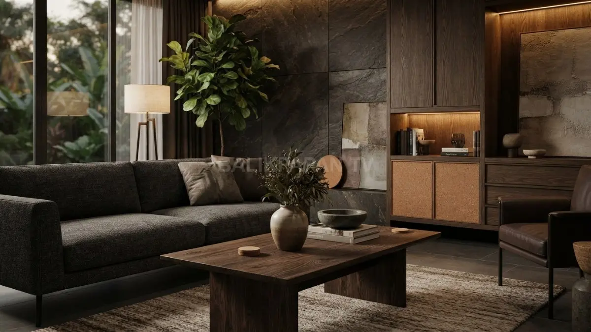 Kayu natural dan permukaan batu berpadu menciptakan interior moody organic modern hangat dan elegan (BTV/AI)