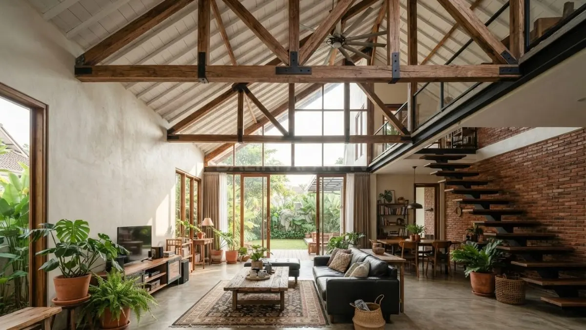 Langit-langit tinggi dengan balok kayu natural menciptakan nuansa boho industrial hangat, lapang, dan berkarakter. (BTV/AI)