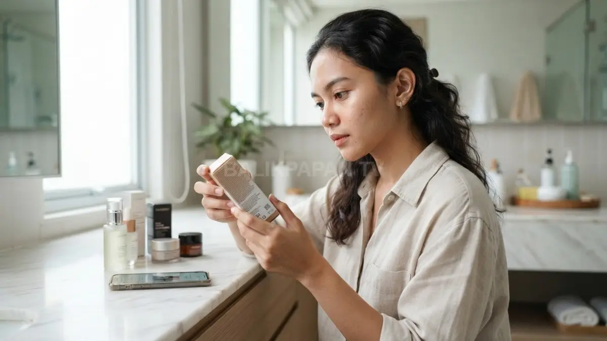 Memeriksa kemasan dan keaslian produk skincare secara teliti sebelum digunakan demi keamanan kulit. (BTV/Ai)