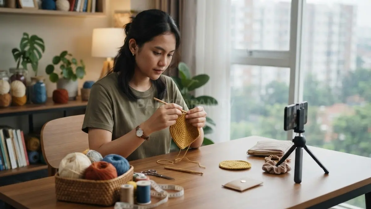 Merajut dari produk kecil, pilih desain sederhana, hitung modal dan waktu, lalu jual dengan harga yang pantas (BTV/AI).
