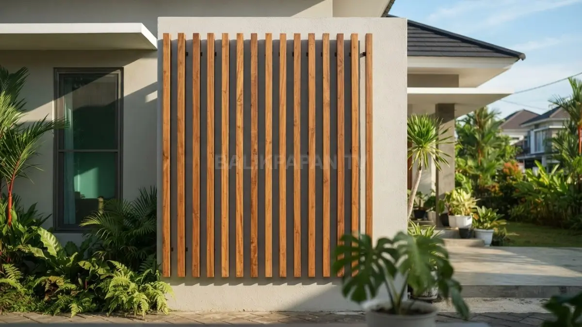 Panel kayu lokal berjarak pada dinding tropis menciptakan bayangan, tekstur alami, serta membantu sirkulasi udara. (BTV/AI)