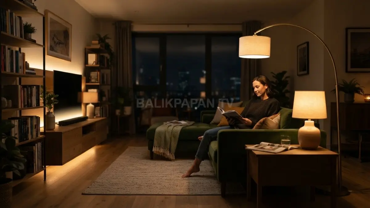 Pencahayaan berlapis dengan lampu utama, lantai, meja, dan dekoratif bikin ruang tamu hangat, estetik, serta nyaman malam hari (BTV/AI)
