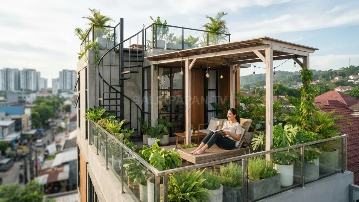 Rooftop garden compact menghadirkan ruang hijau dan area santai pada rumah industrial tropis berlahan terbatas (BTV/AI)
