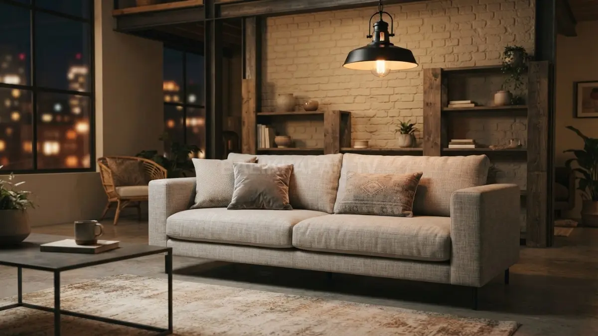 Ruang boho industrial memadukan sofa netral, lampu hangat, bata putih, kayu, dan dekorasi etnik secukupnya. (BTV/AI)
