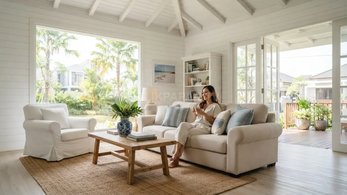Ruang keluarga putih bernuansa coastal dengan sofa kain, aksen biru, kayu natural, dan pencahayaan alami (BTV/AI)