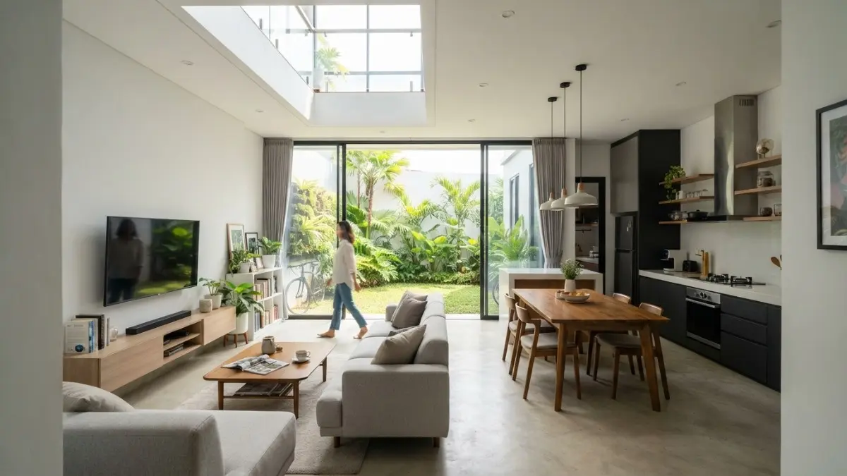 Ruang komunal terbuka menyatukan tamu, keluarga, dan makan, menciptakan interior rumah kecil terasa luas. (BTV/AI)