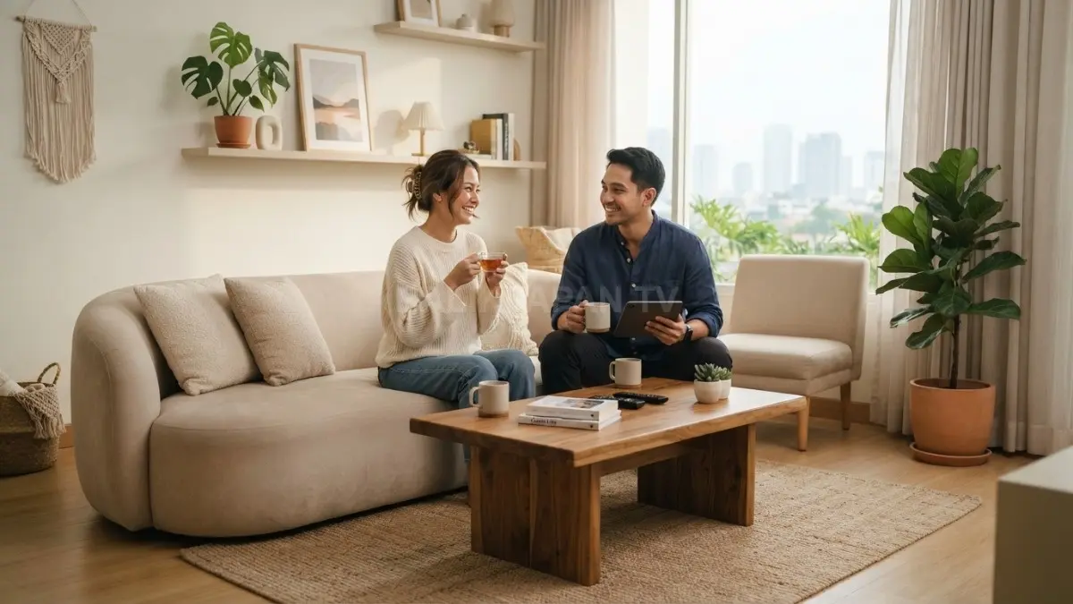 Ruang tamu minimalis ala Korea tampil hangat dengan sofa krem, meja kayu, karpet, tanaman, dekorasi sederhana (BTV/AI)