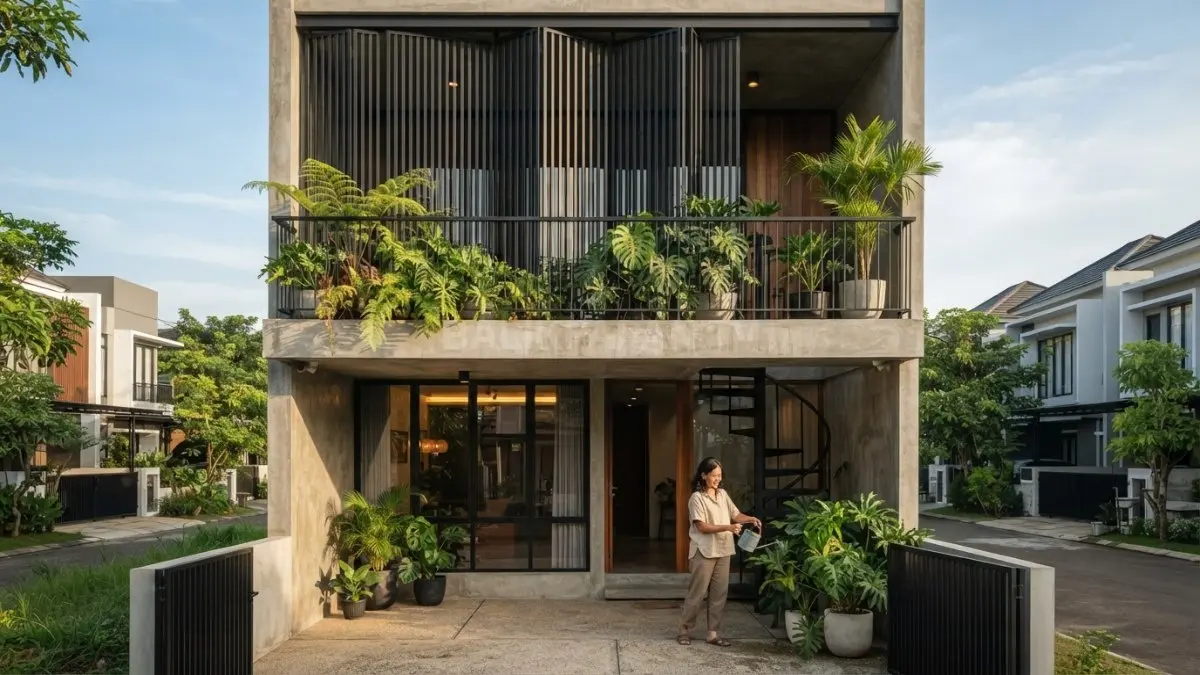 Rumah industrial-tropis dua lantai memadukan balkon hijau, secondary skin besi, beton, kaca, kayu, dan tanaman (BTV/AI)