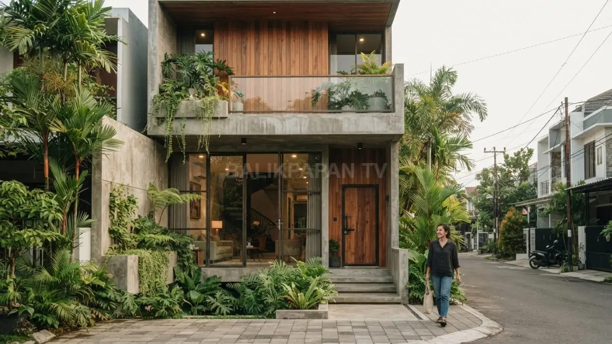 Rumah industrial-tropis dua lantai memadukan beton ekspos, kayu, kaca, tanaman, dan desain vertikal efisien (BTV/AI):